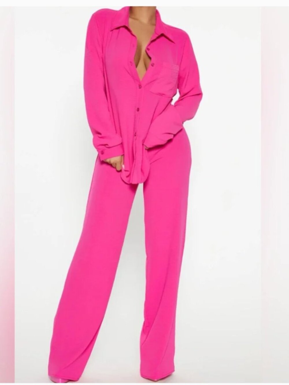 Fashion Nova Women'sVibrant Pink 2 Piece Set- Button Up Blouse & Wide Leg Pants